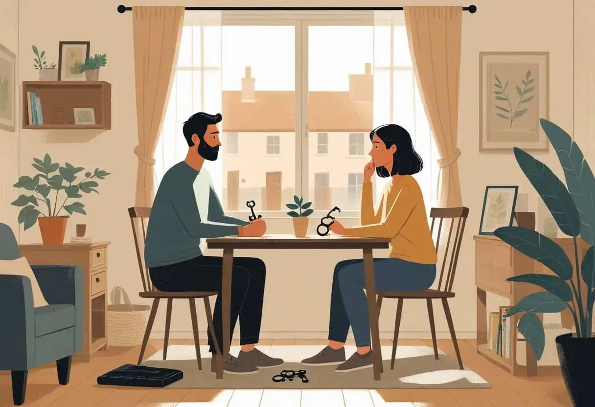 Twee volwassenen zitten aan een tafel in een eenvoudige huurwoning en voeren een serieus gesprek over wie mag blijven wonen na een scheiding.