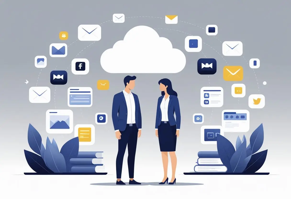 Twee gescheiden personen staan uit elkaar met een wolk van digitale icoontjes tussen hen in, die online accounts en data voorstellen.