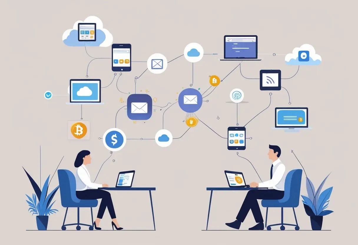 Een afbeelding van een gescheiden stel aan een tafel met zwevende digitale icoontjes tussen hen, die online accounts en data voorstellen.