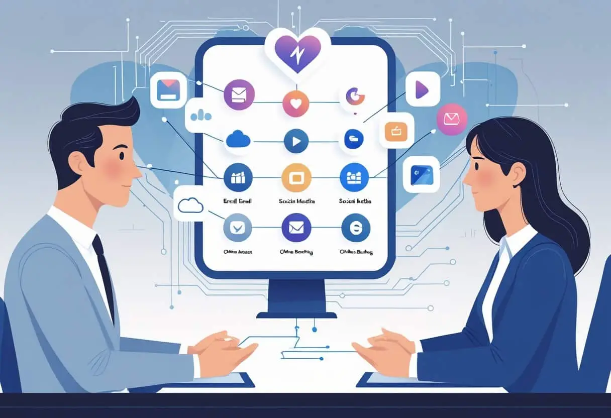 Twee personen zitten tegenover elkaar aan een tafel met een groot digitaal scherm tussen hen waarop verschillende online accountsymbolen te zien zijn, die de verdeling van digitale eigendommen bij een echtscheiding voorstellen.