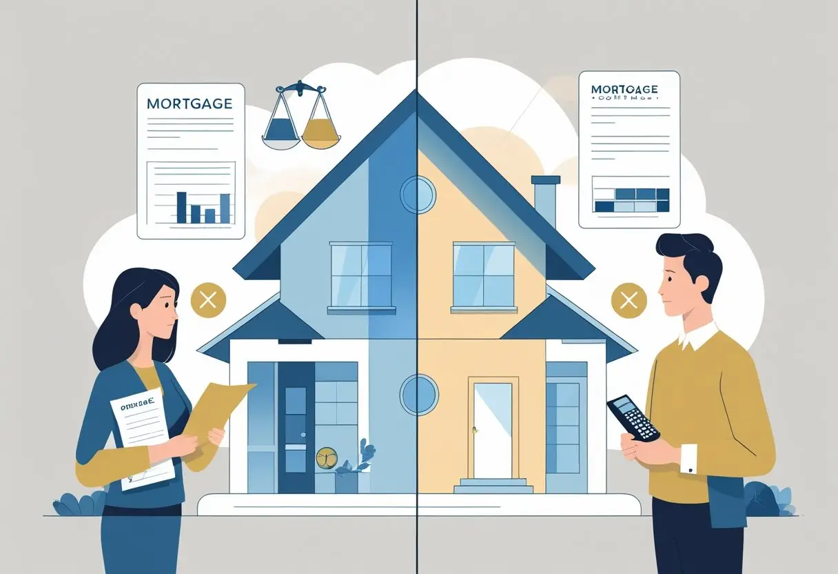 Een gesplitst huis met twee personen aan weerszijden die bezorgd naar hypotheekdocumenten kijken, met symbolen voor financiële opties ertussen.