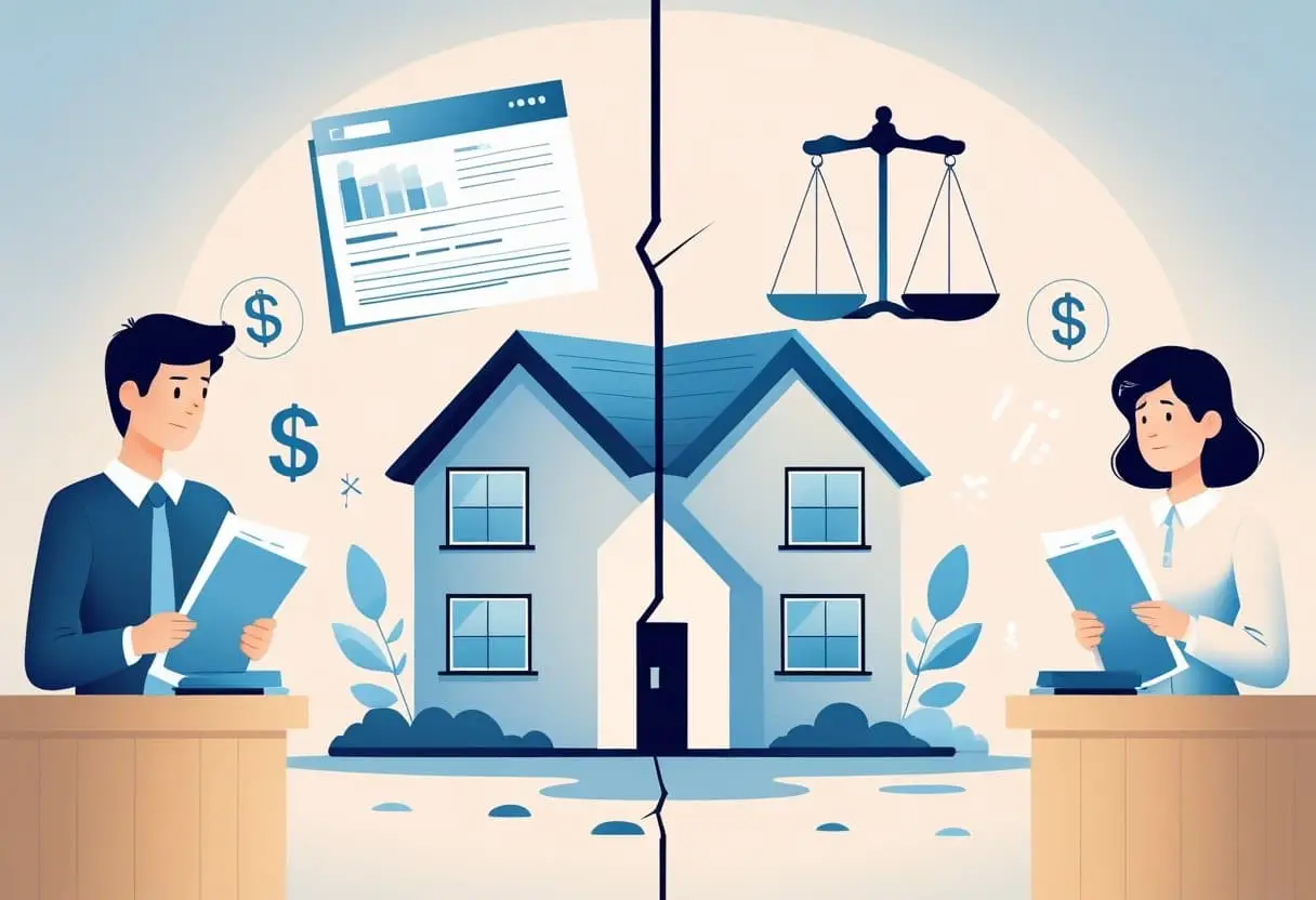 Een afbeelding van een gesplitst huis met twee personen die elk documenten vasthouden, wat de impact van een scheiding op een hypotheek symboliseert.