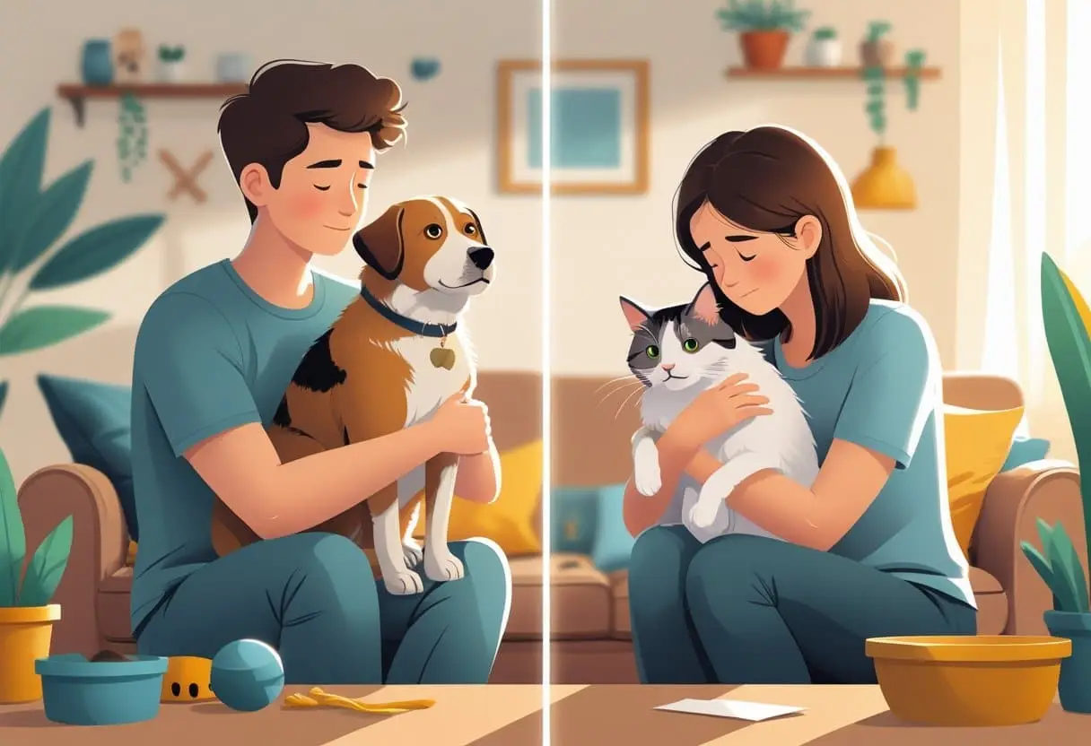 Twee mensen in een woonkamer, elk met een huisdier, een persoon met een hond en de ander met een kat, gescheiden door een subtiele lijn.