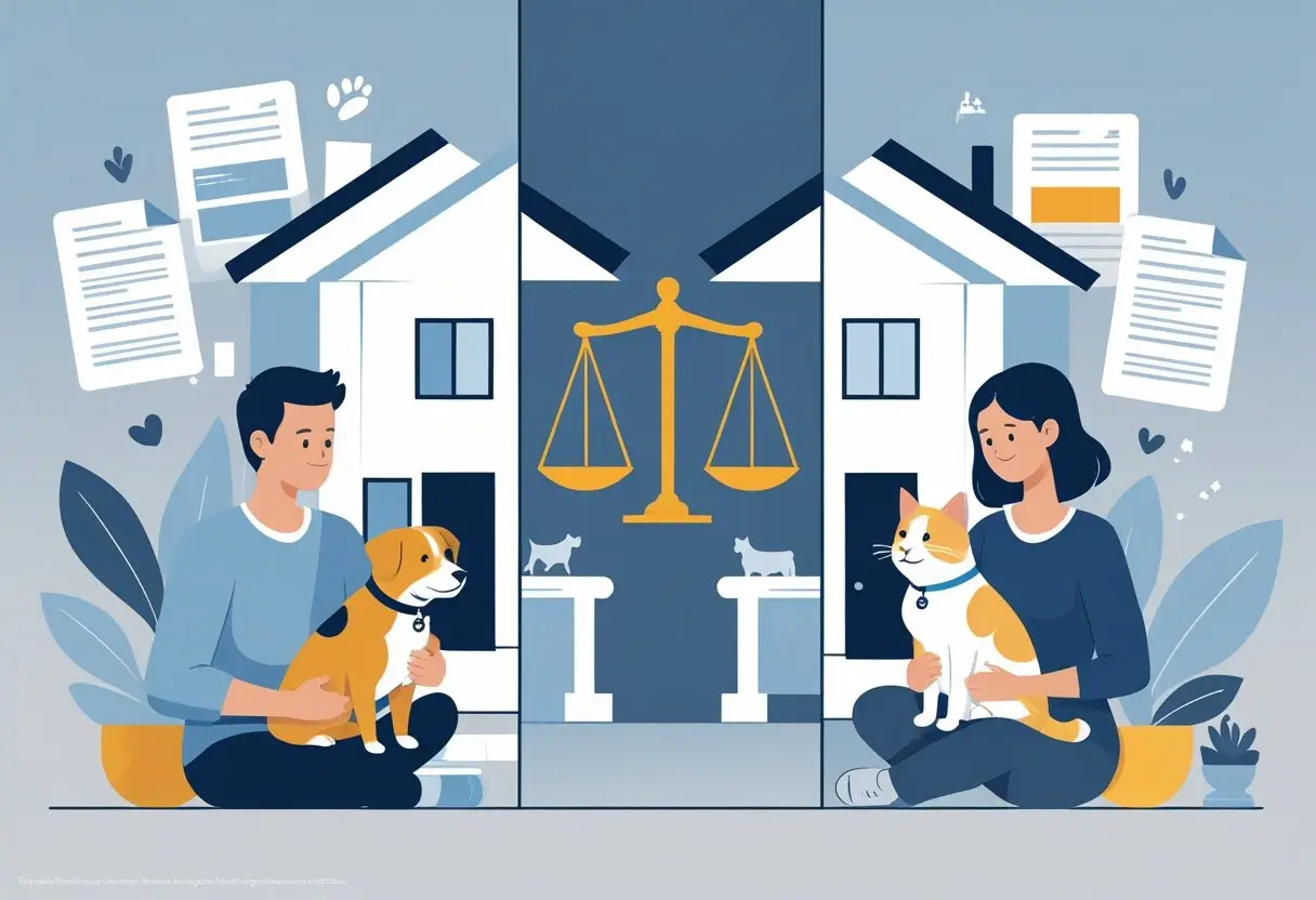 Een huis verdeeld in twee delen met een man en een vrouw die elk een huisdier vasthouden, met een weegschaal van gerechtigheid in het midden.