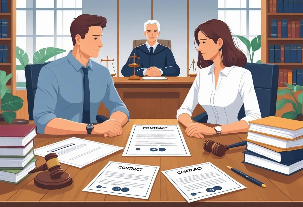 Twee personen zitten aan een tafel met juridische documenten, terwijl een juridisch adviseur toekijkt in een kantooromgeving.