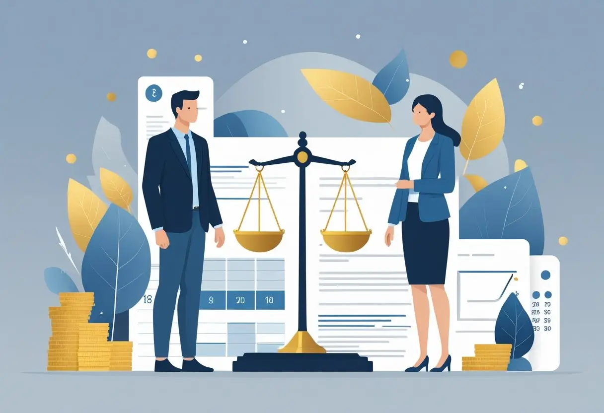 Echtscheiding en pensioenverevening: Wat zijn uw opties? 1 Twee mensen staan apart met een weegschaal en symbolen van gedeelde pensioenmiddelen tussen hen.