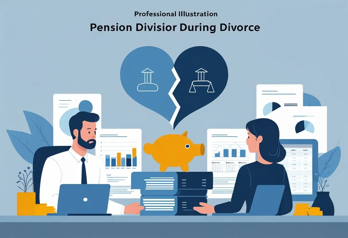 Echtscheiding en pensioenverevening: Wat zijn uw opties? 2 Twee mensen zitten samen aan een tafel en bespreken financiële documenten met symbolen van pensioen en echtscheiding op de achtergrond.