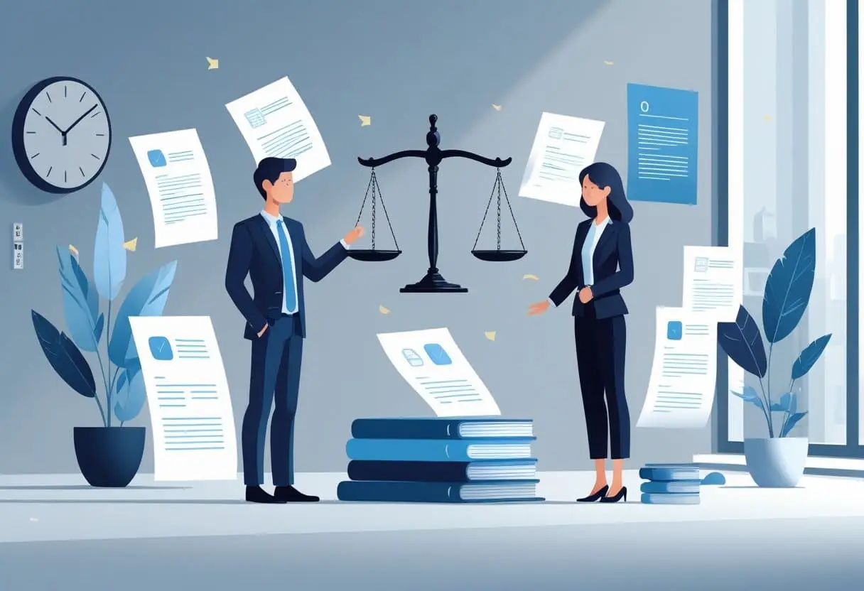 Echtscheiding en pensioenverevening: Wat zijn uw opties? 3 Twee personen staan tegenover elkaar met een weegschaal ertussen, omringd door documenten en een kalender in een kantooromgeving.