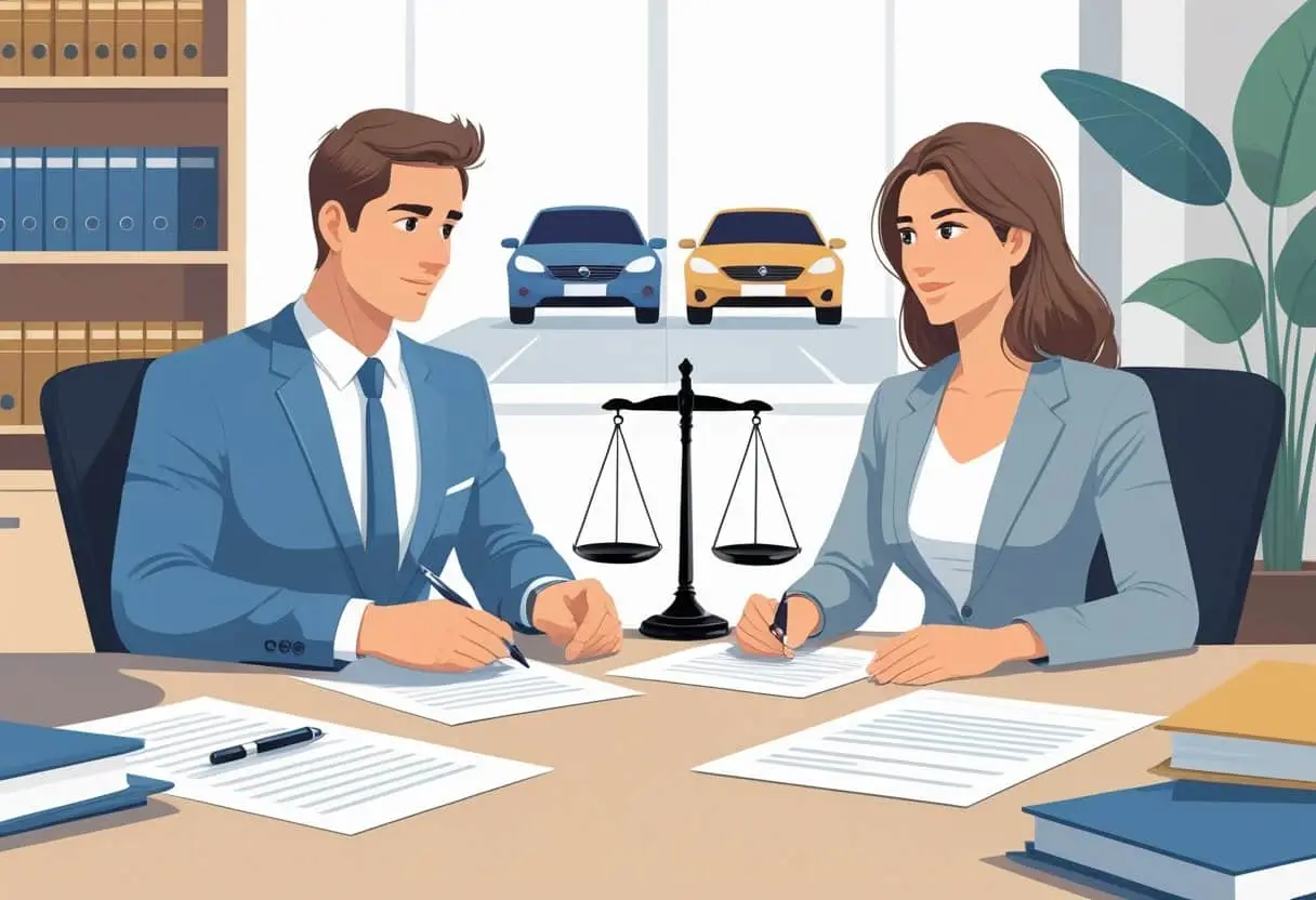 Een man en een vrouw zitten met een juridisch adviseur aan een tafel en bespreken documenten over het verdelen van gemeenschappelijk bezit bij een scheiding.