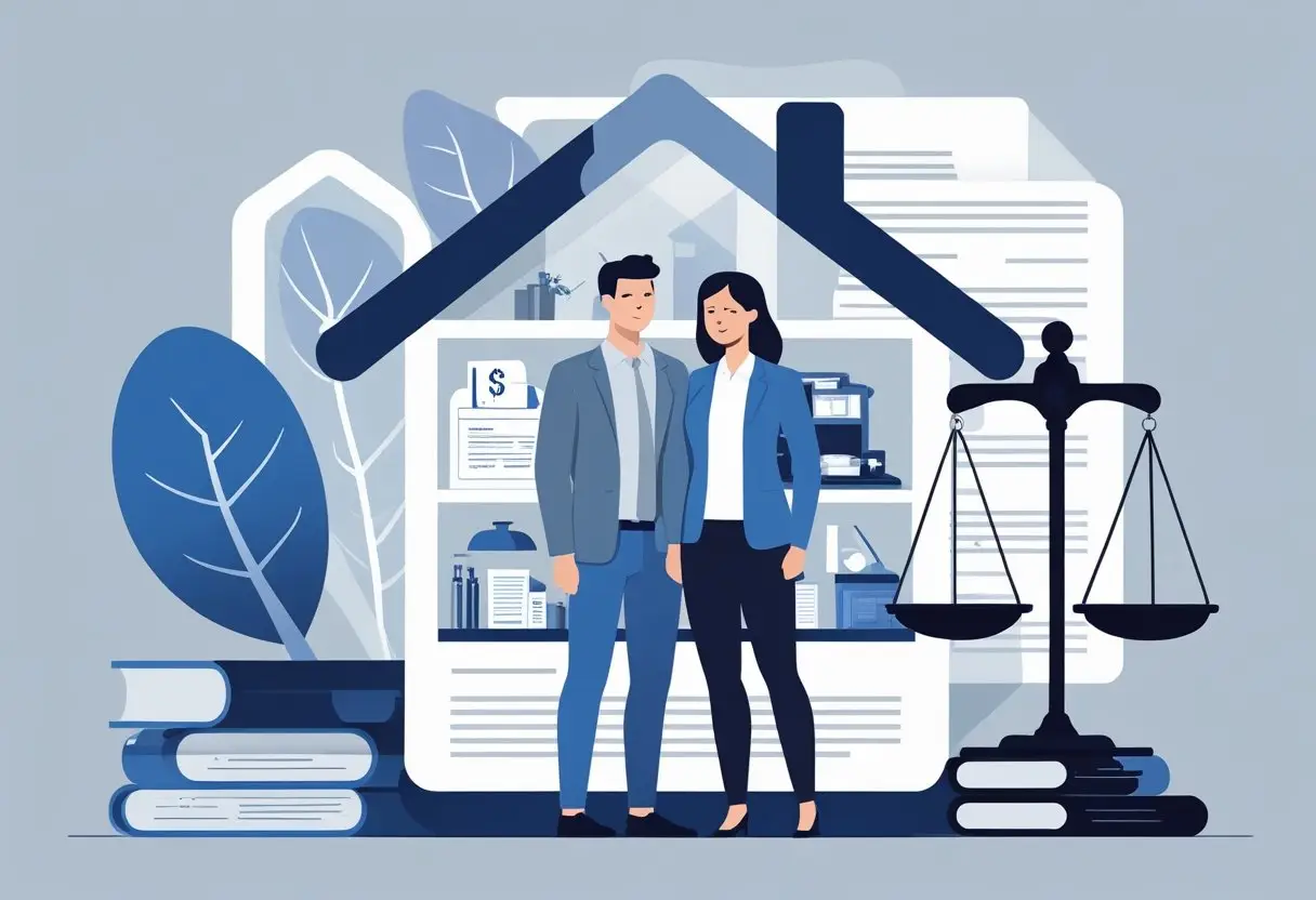 Een echtpaar staat samen voor een huis met gezamenlijke bezittingen erin en een weegschaal ernaast die juridische verdeling symboliseert.