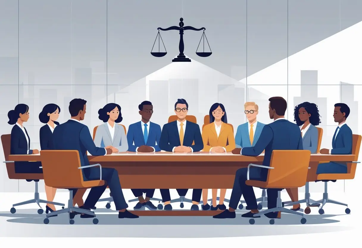 Een diverse groep sollicitanten zit aan een tafel tegenover een panel van interviewers in een kantoor, met symbolen van rechtvaardigheid op de achtergrond.