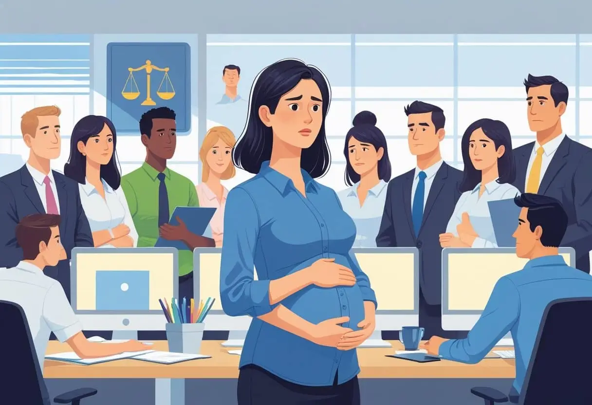 Een zwangere vrouw staat in een kantoor met collega's en een manager die verschillende reacties tonen, variërend van steun tot onverschilligheid.
