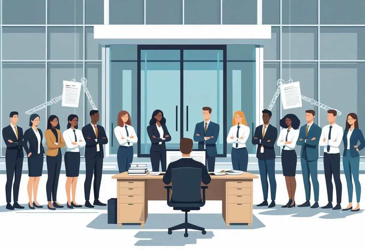 Een diverse groep sollicitanten staat voor een kantoorgebouw, terwijl een personeelsmanager sollicitaties beoordeelt en symbolen van rechtvaardigheid en discriminatie zichtbaar zijn.