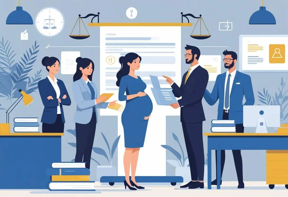 Een zwangere vrouw bespreekt haar rechten op het werk met een personeelsvertegenwoordiger in een kantooromgeving, omringd door symbolen van recht en werk.