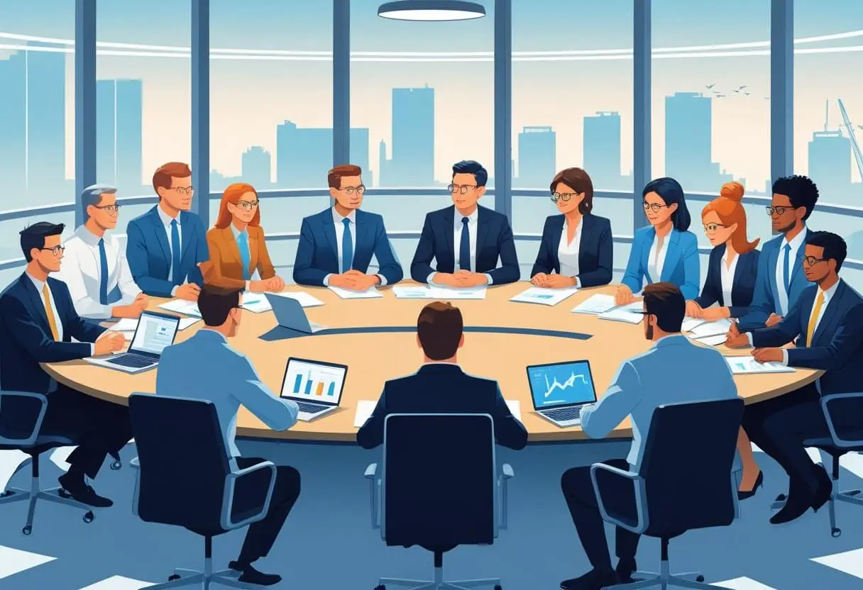 Een groep zakelijke professionals zit rond een vergadertafel en bespreekt belangrijke bedrijfsbeslissingen.