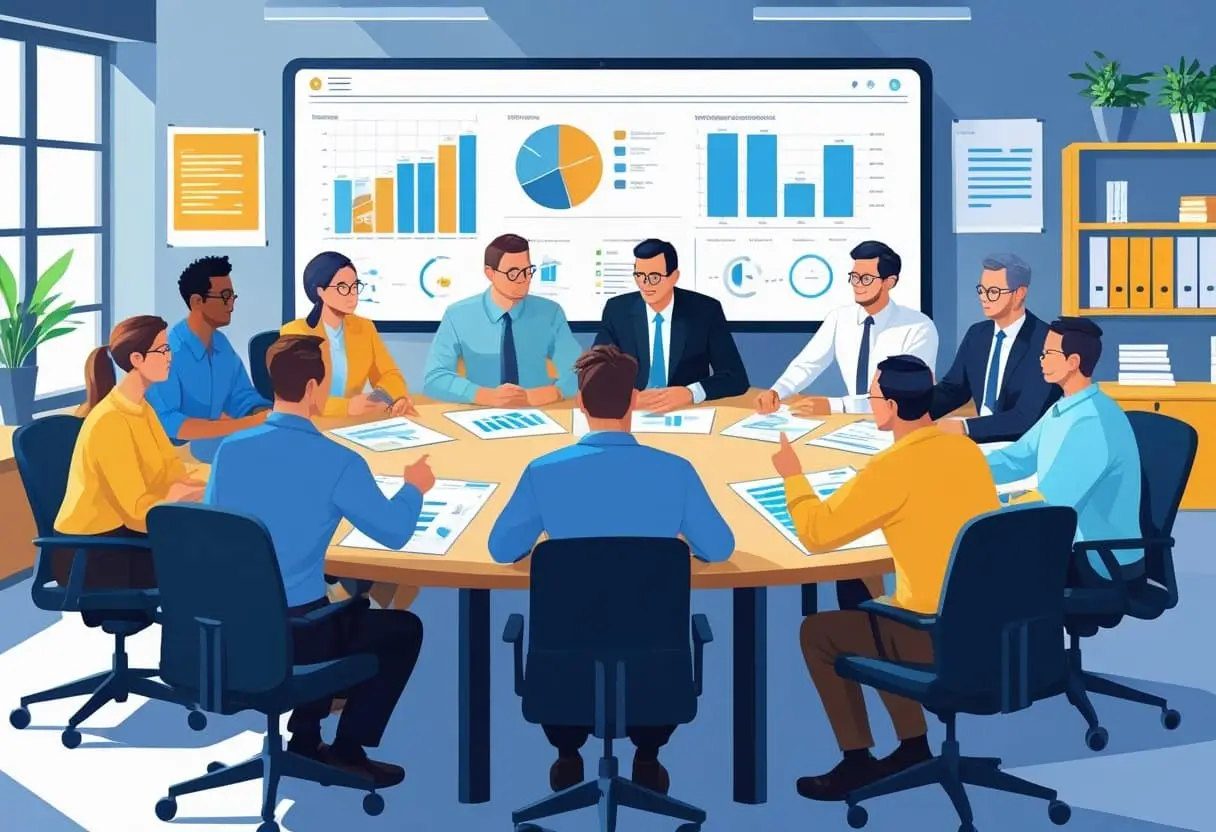 Een groep medewerkers zit rond een vergadertafel en bespreekt belangrijke bedrijfsbeslissingen in een kantooromgeving.