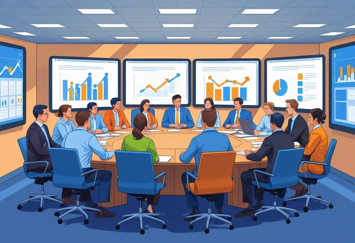 Een groep medewerkers zit rond een vergadertafel en bespreekt belangrijke bedrijfsbeslissingen in een vergaderruimte.