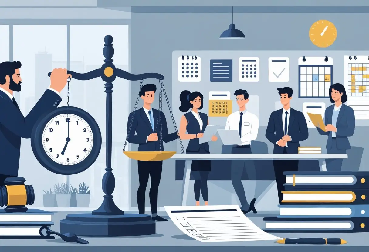 Een afbeelding van een weegschaal met een klok en juridische boeken, met op de achtergrond professionals die documenten bespreken in een kantooromgeving.