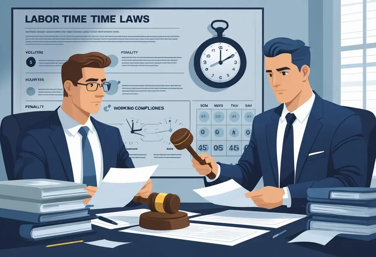 Een kantoor waar een advocaat een werknemer informeert over de juridische gevolgen van het overtreden van arbeidstijdenregels.