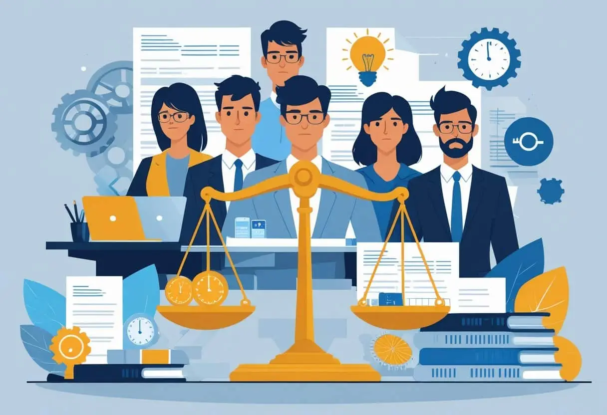 De impact van flexibele contracten op werknemersrechten: gevolgen en oplossingen 1 Een groep werknemers in een kantoor met een weegschaal die traditionele en flexibele contracten symboliseert.