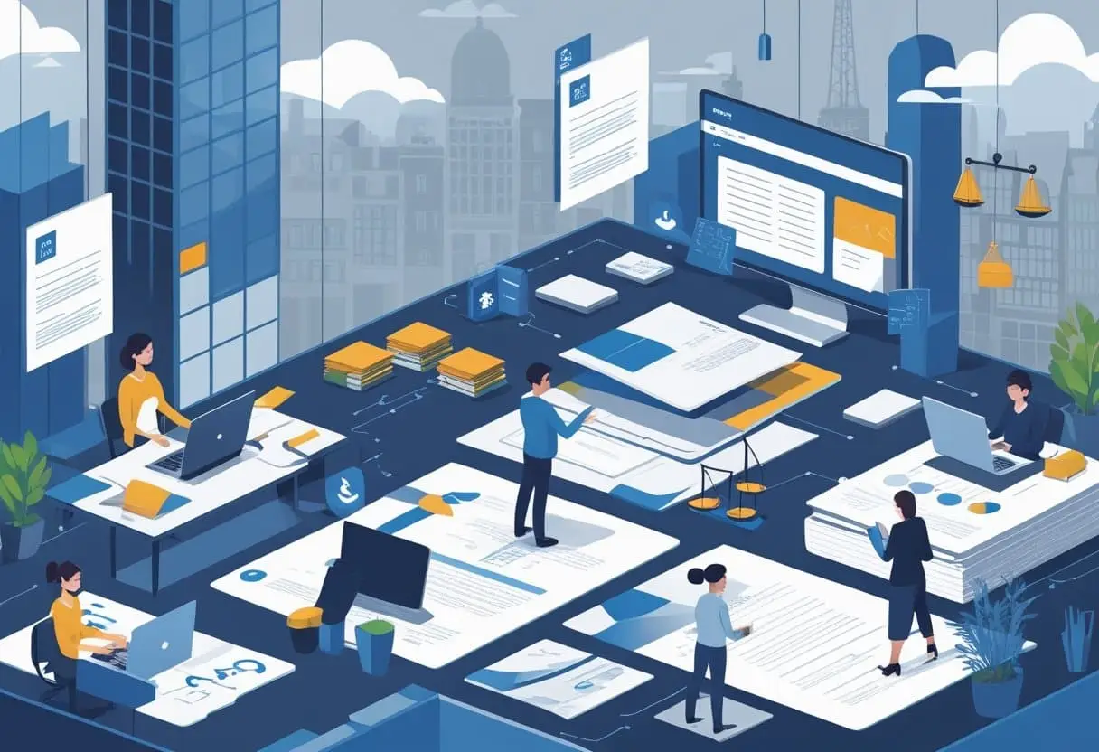 De impact van flexibele contracten op werknemersrechten: gevolgen en oplossingen 3 Een kantooromgeving met diverse werknemers die flexibel werken, met documenten en symbolen die arbeidscontracten en werknemersrechten voorstellen, en een Nederlandse stadsachtergrond.