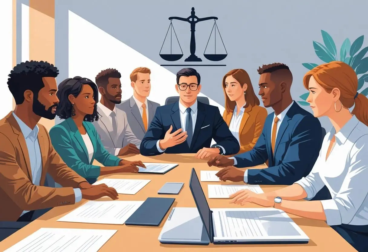 Wat zijn de rechten van werknemers bij een conflict over arbeidsvoorwaarden? Inzicht, aanpak en oplossingen 1 Een groep werknemers en een manager zitten samen in een kantoorruimte, ze zijn in gesprek over arbeidsvoorwaarden en proberen tot een oplossing te komen.