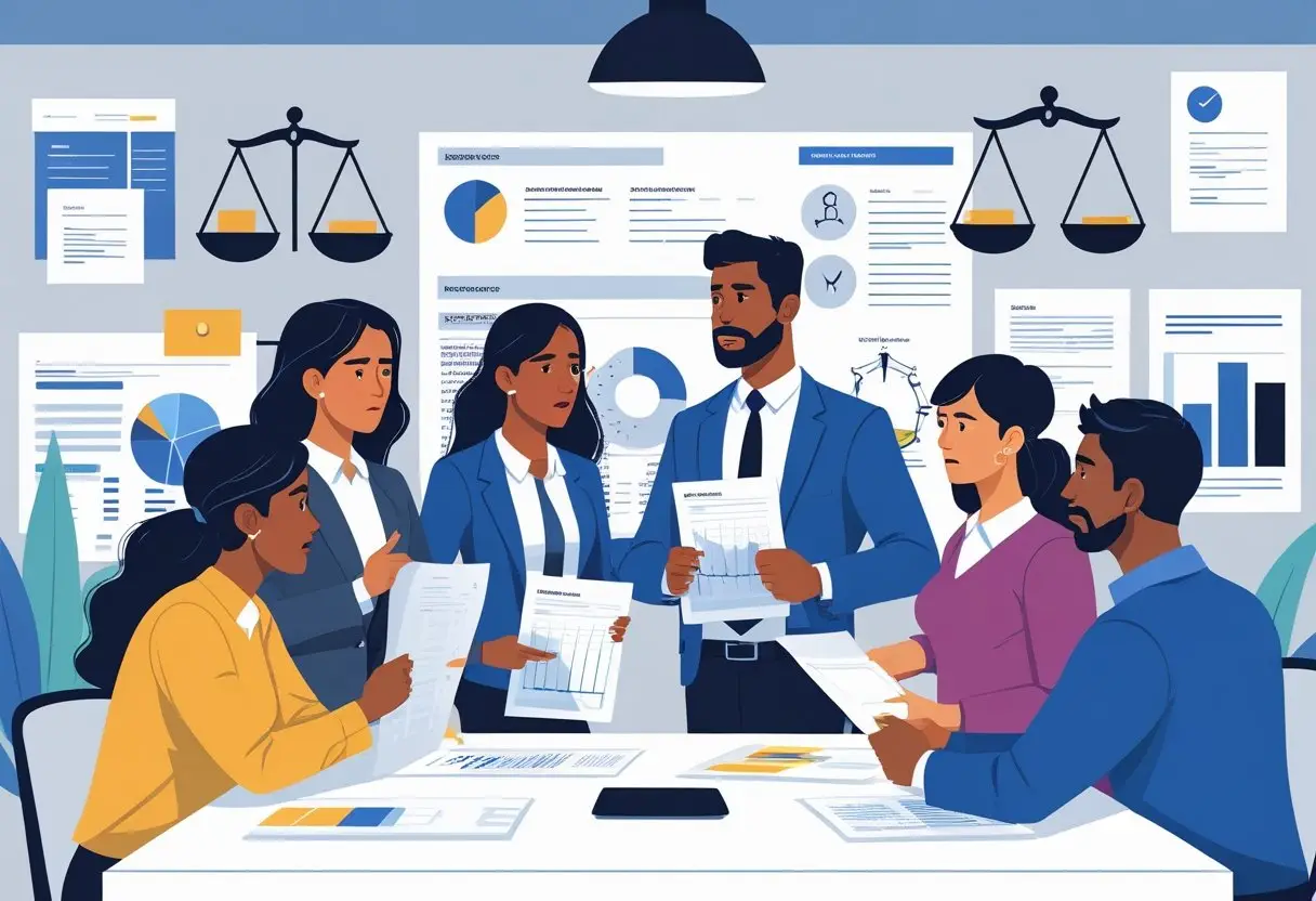 Wat zijn de rechten van werknemers bij een conflict over arbeidsvoorwaarden? Inzicht, aanpak en oplossingen 2 Een groep werknemers en een manager die in een kantoor rond een tafel zitten en een gesprek voeren over arbeidsvoorwaarden.