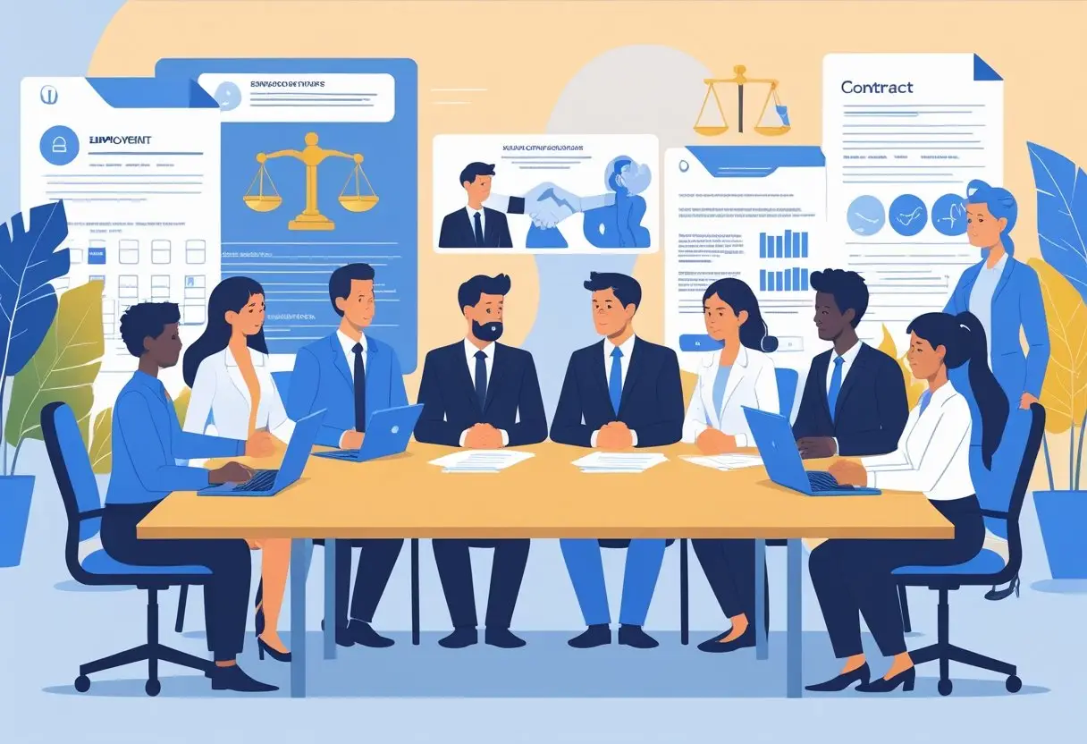 Wat zijn de rechten van werknemers bij een conflict over arbeidsvoorwaarden? Inzicht, aanpak en oplossingen 3 Een groep werknemers en werkgevers zit aan een tafel in een kantoor en bespreekt arbeidsvoorwaarden tijdens een conflict.