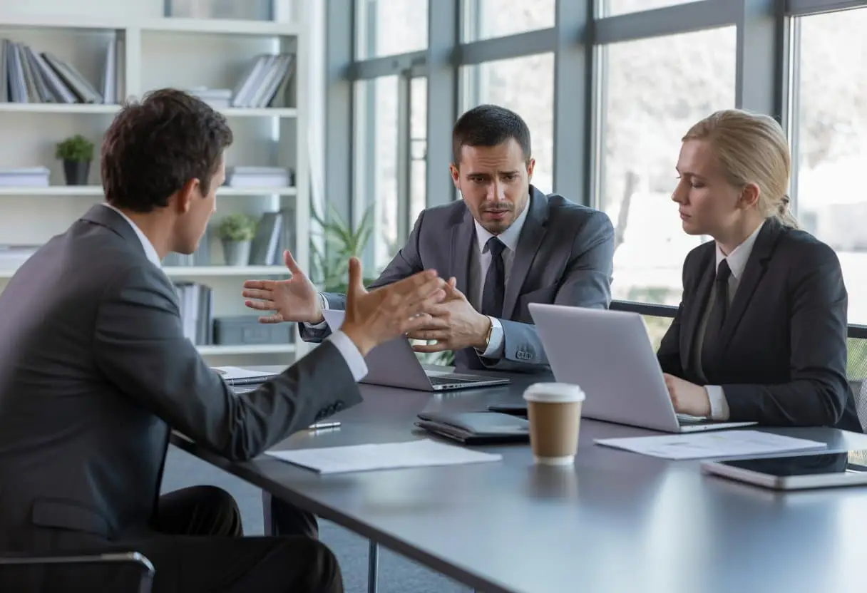 Drie professionals zitten aan een vergadertafel in een kantoor en bespreken iets serieus.