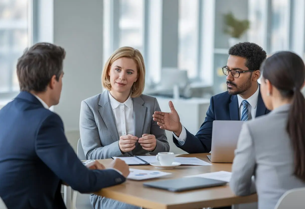 Een zakelijke vergadering tussen een werknemer en een HR-manager in een modern kantoor, waarbij documenten op tafel liggen.