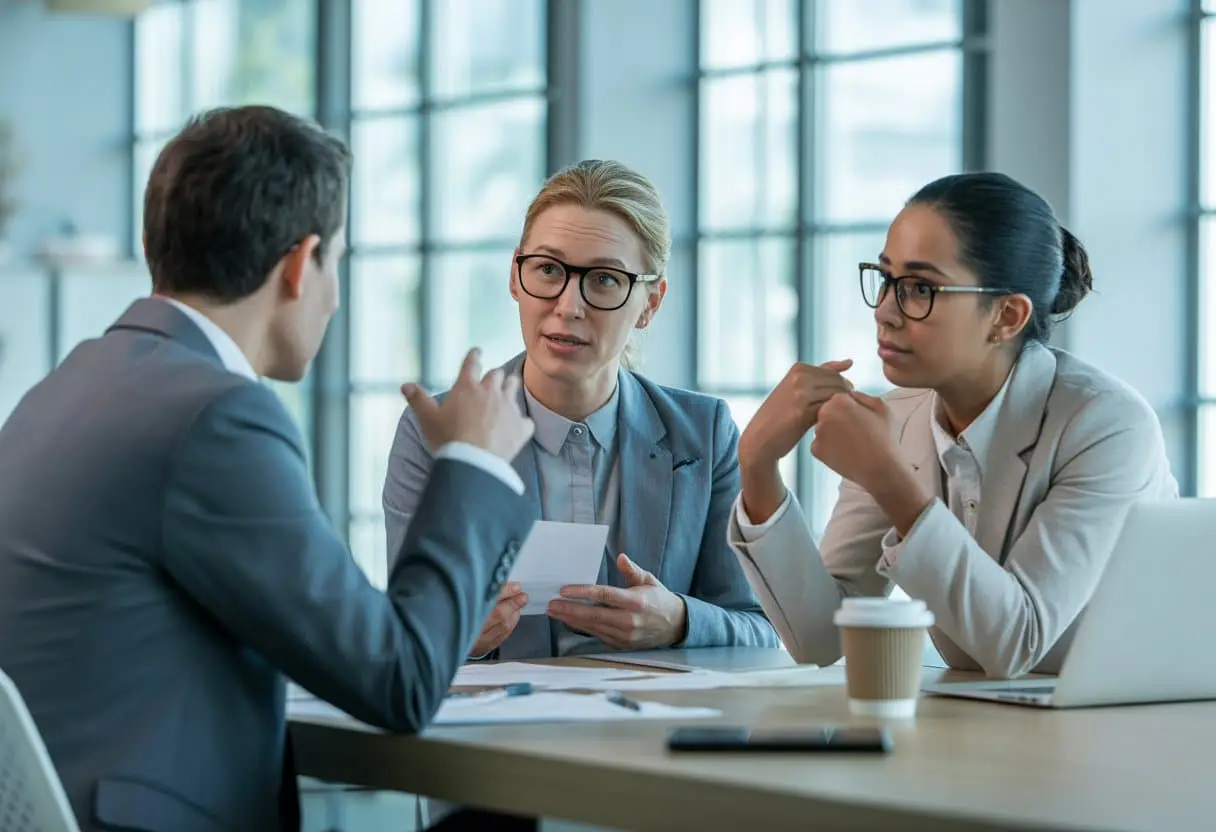 Drie mensen in een kantoor in gesprek over werk, waarbij een persoon uitlegt en de anderen aandachtig luisteren.