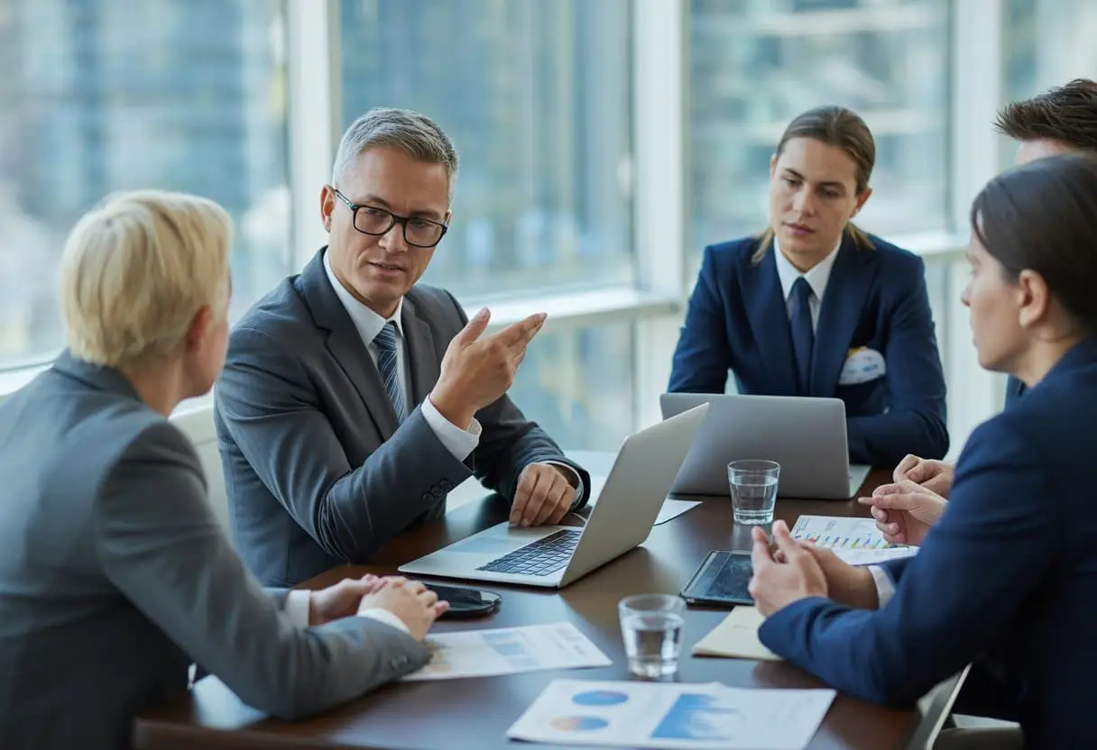 Een zakelijke vergadering waarin een groep professionals rond een tafel zit en een persoon een punt uitlegt terwijl anderen luisteren.
