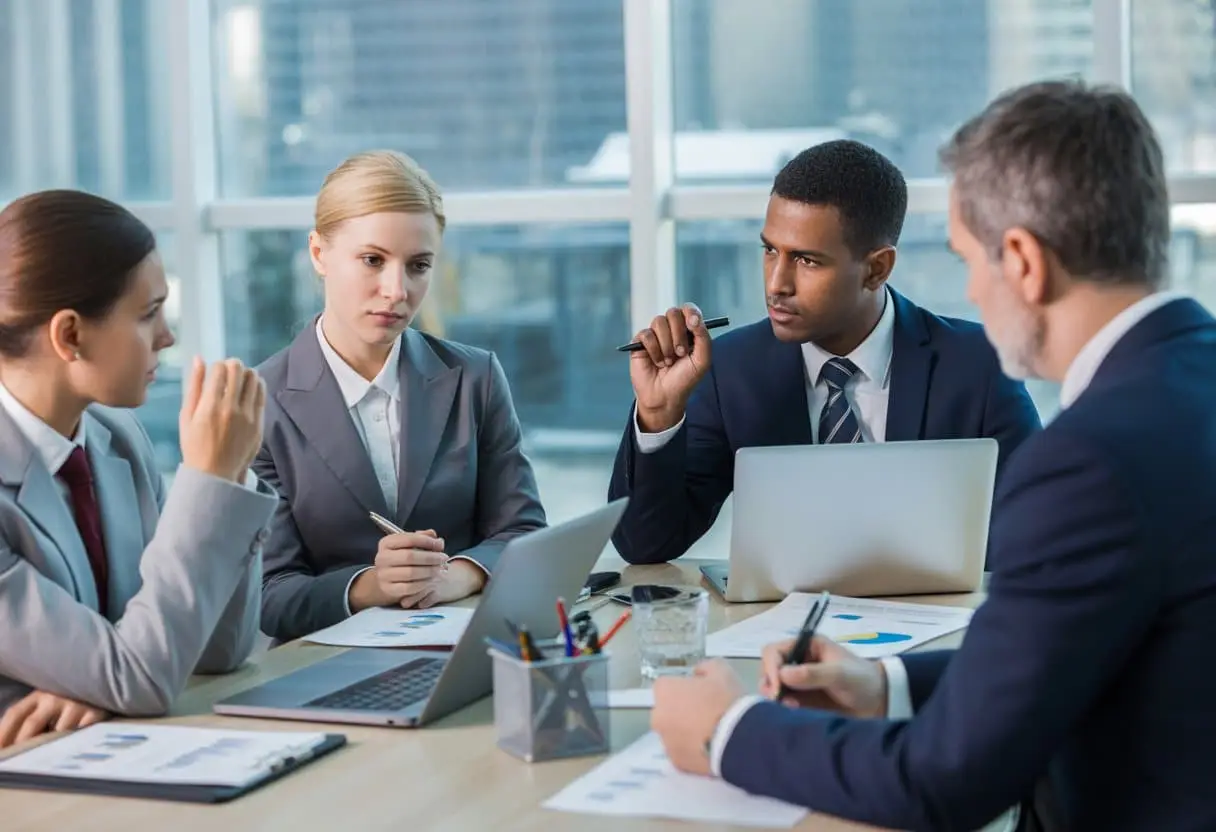 Zakelijke bijeenkomst met diverse professionals die over financiële documenten praten in een modern kantoor.