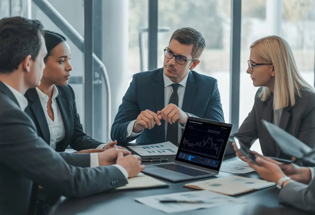 Een zakelijke vergadering met diverse professionals die documenten en financiële gegevens bespreken over de rechten van minderheidsaandeelhouders en dividenduitkeringen in een moderne kantoorruimte.