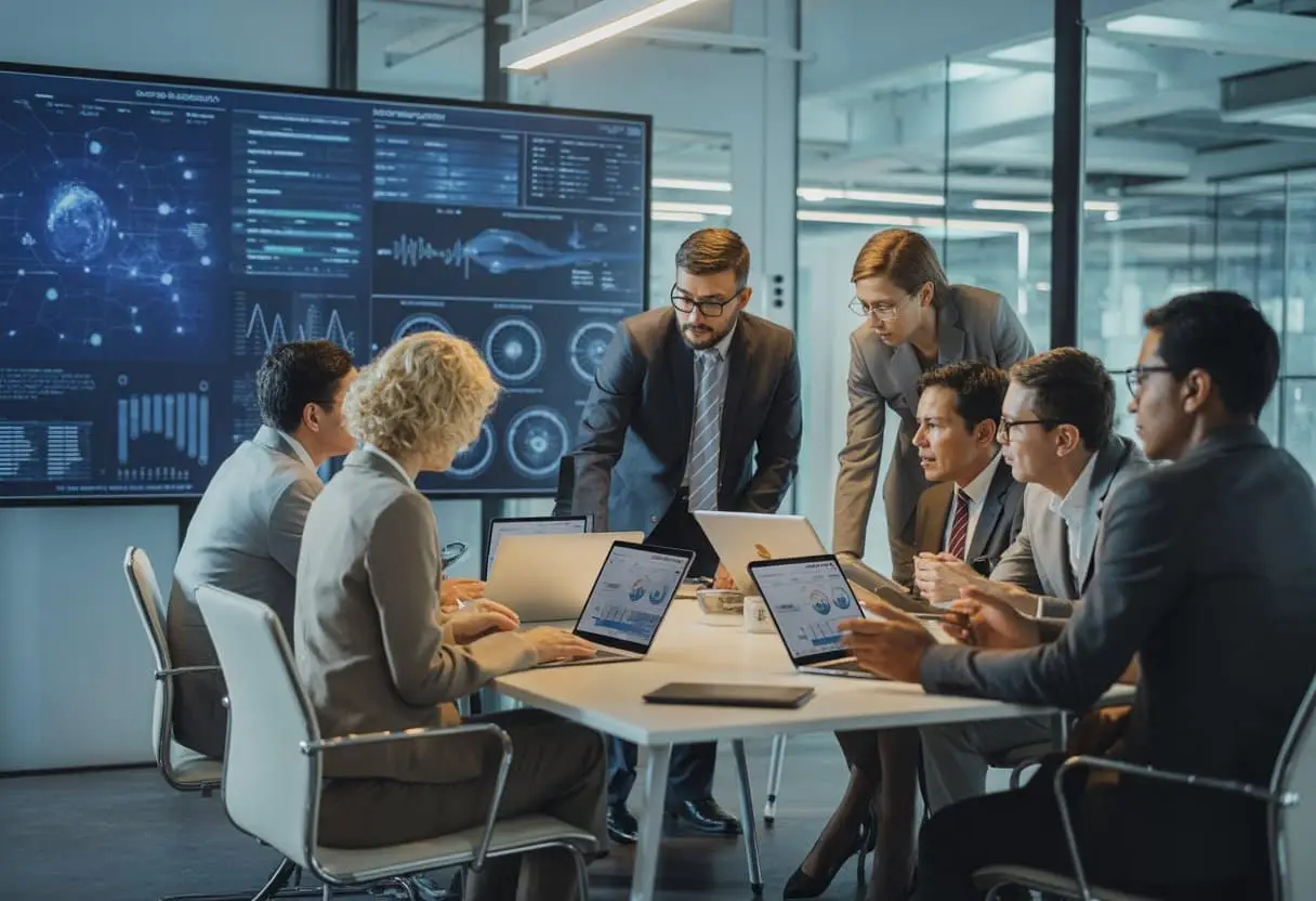 Een groep zakelijke professionals bespreekt gegevens en strategieën in een moderne kantooromgeving.