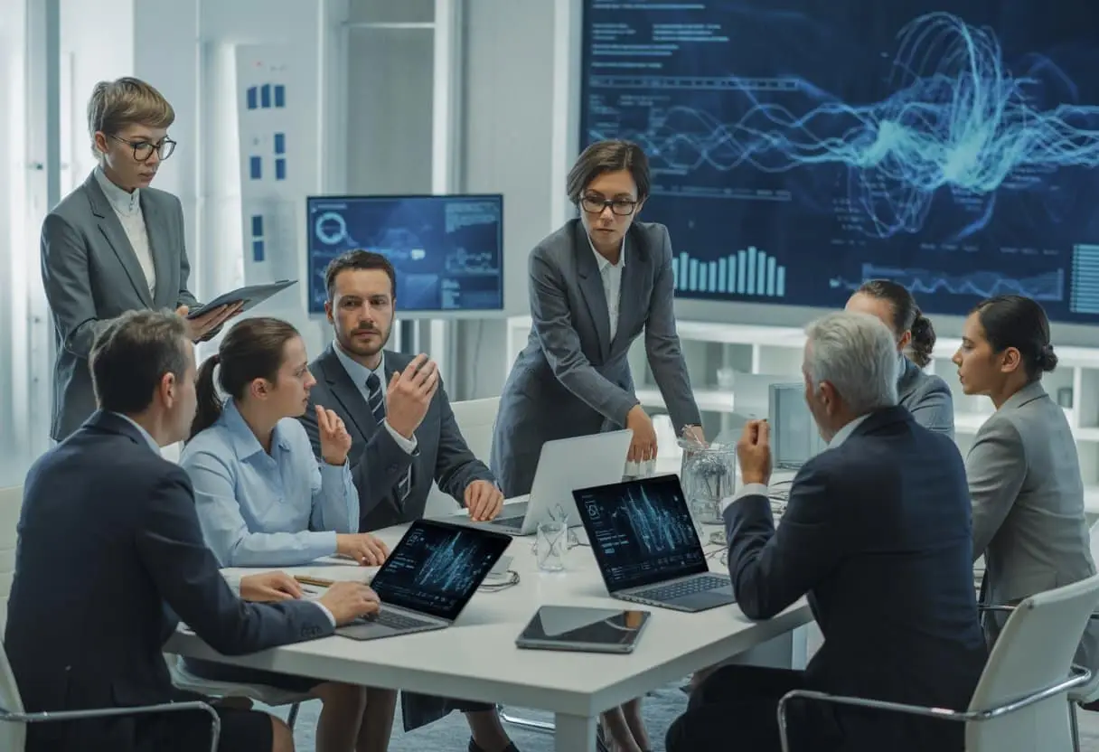 Een groep zakelijke professionals bespreekt digitale beveiliging en operationele veerkracht in een moderne kantooromgeving.
