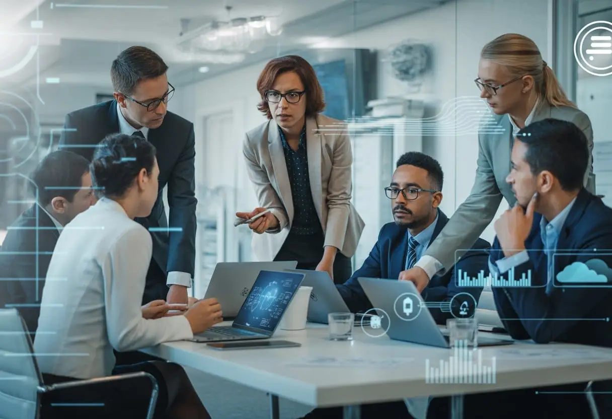 Een groep zakelijke professionals in een kantoorruimte bespreekt digitale beveiliging en compliance rond een tafel met laptops en digitale schermen.