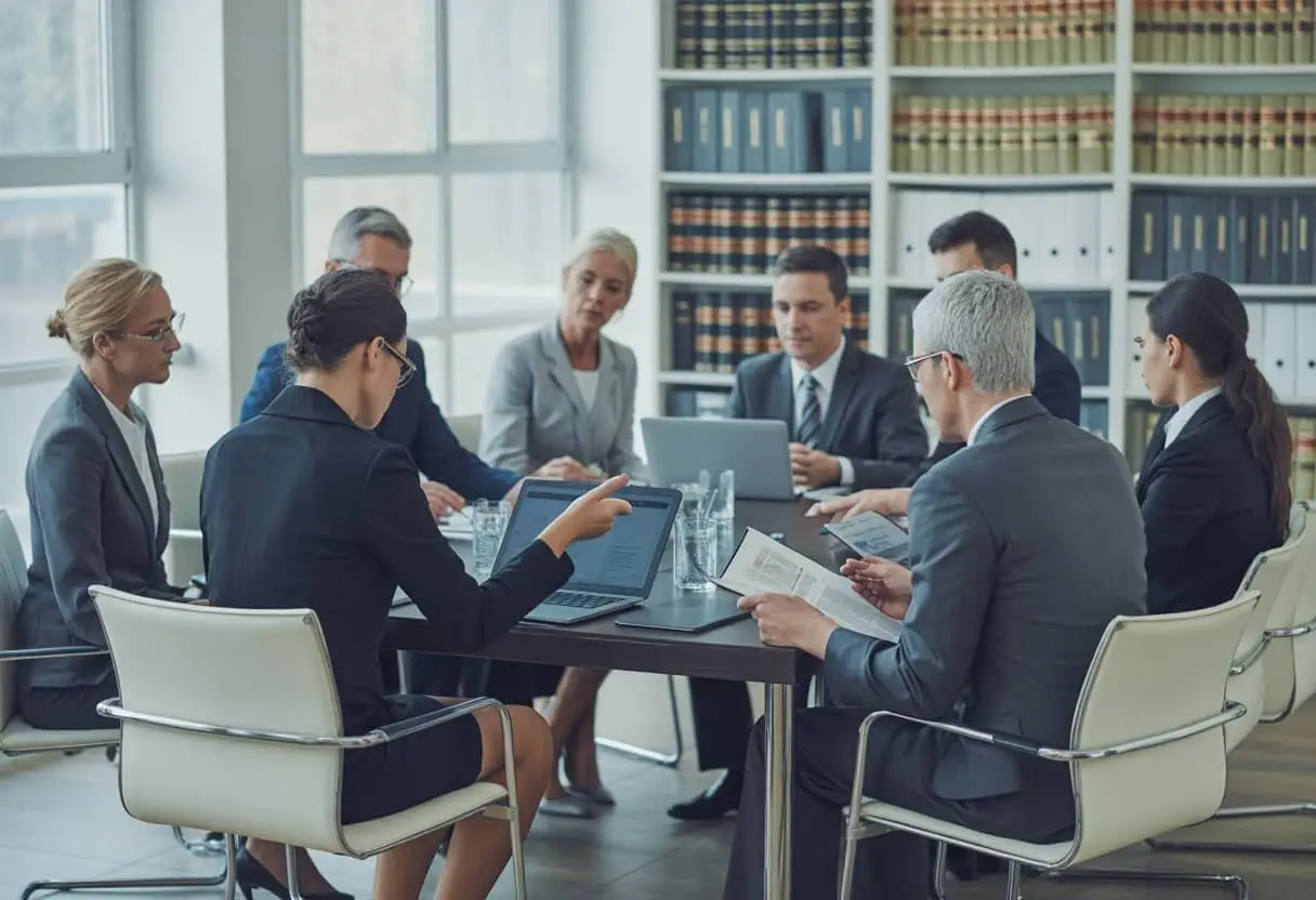 De Juridische Aspecten van Overgang van Onderneming bij Overnames 1 Een groep zakelijke professionals bespreekt documenten tijdens een vergadering in een modern kantoor.