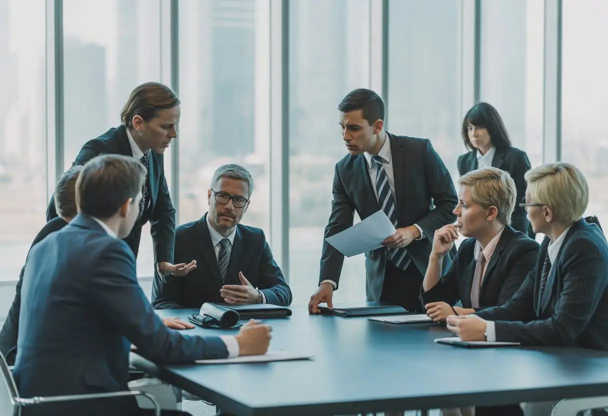 De Juridische Gevolgen van Werkweigering: Opties voor de Werkgever 2 Een zakelijke vergadering met diverse professionals die documenten bespreken in een modern kantoor.