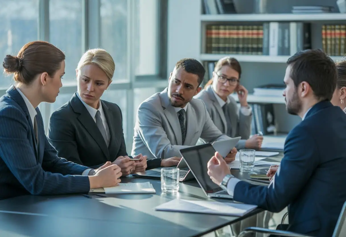 De Juridische Gevolgen van Werkweigering: Opties voor de Werkgever 3 Een groep professionals in een kantoor bespreekt serieus documenten aan een vergadertafel.