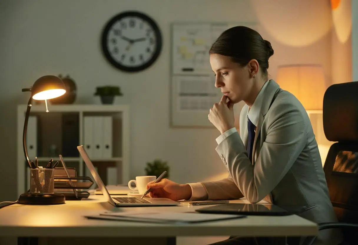 Een zakelijke professional werkt laat op kantoor aan een bureau met een laptop en documenten, met een klok die aangeeft dat het na werktijd is.