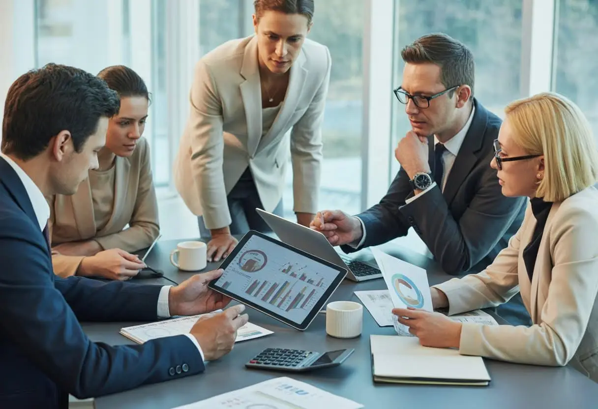 Een groep zakelijke professionals bespreekt documenten en grafieken rond een vergadertafel in een modern kantoor.