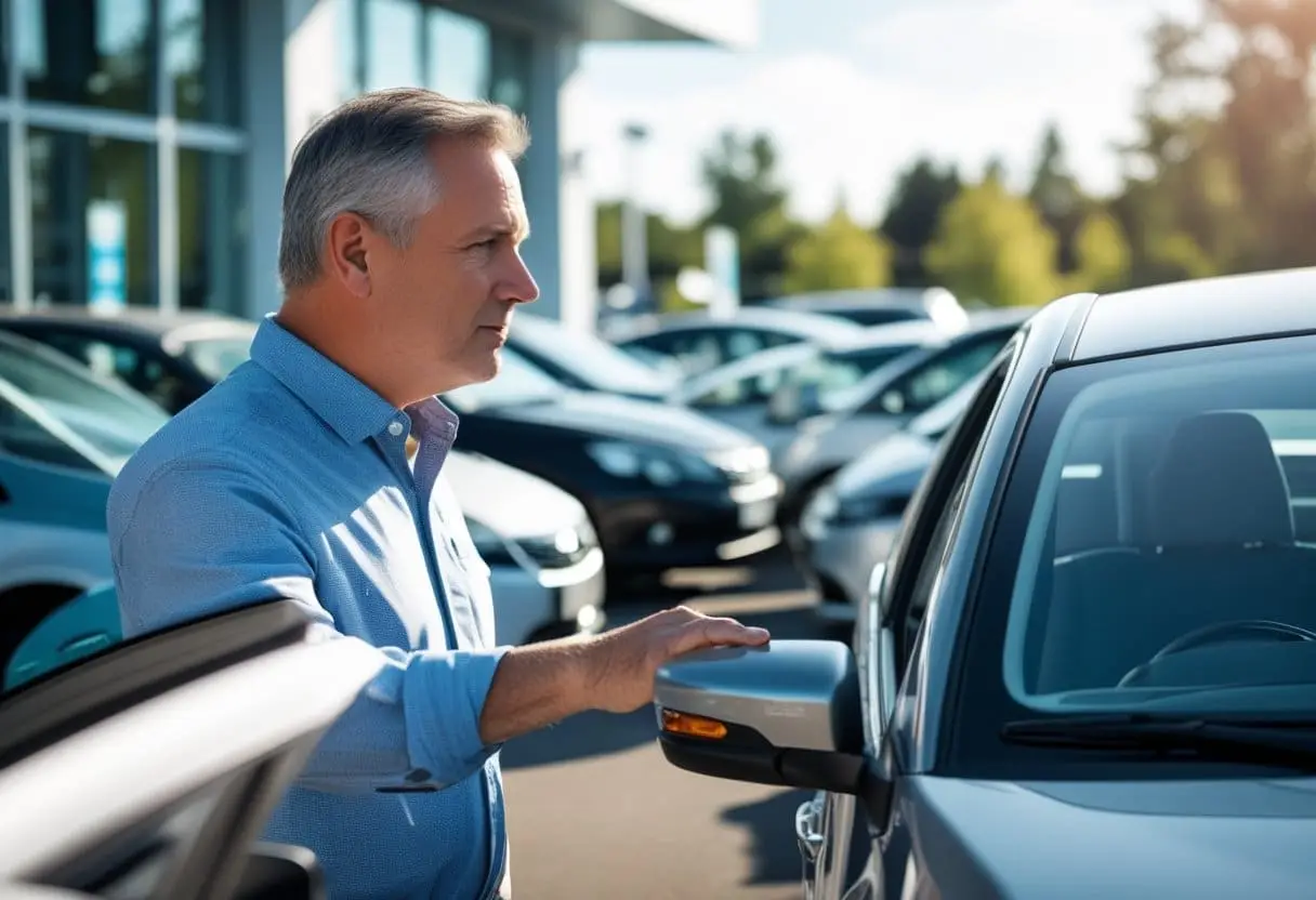 Je rechten na de aankoop van een tweedehands auto zonder garantie: alle belangrijke zaken op een rij 1 Een persoon bekijkt aandachtig een tweedehands auto op een parkeerterrein bij een autodealer.