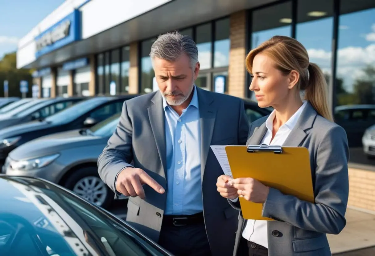 Je rechten na de aankoop van een tweedehands auto zonder garantie: alle belangrijke zaken op een rij 3 Een serieus kijkend stel staat buiten bij een tweedehands autodealer en bekijkt aandachtig een gebruikte auto terwijl ze documenten vasthouden.