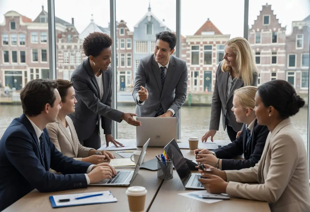 Een diverse groep professionals in een moderne kantoorruimte met uitzicht op een Nederlandse stad, bezig met een zakelijke bespreking.