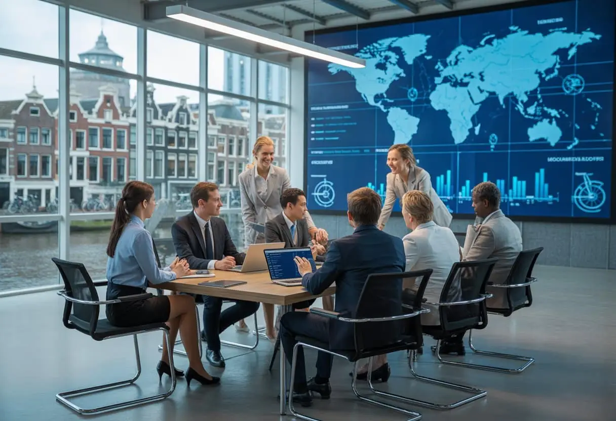 Een diverse groep zakelijke professionals bespreekt talentwerving in een modern kantoor met uitzicht op een Nederlandse stad.