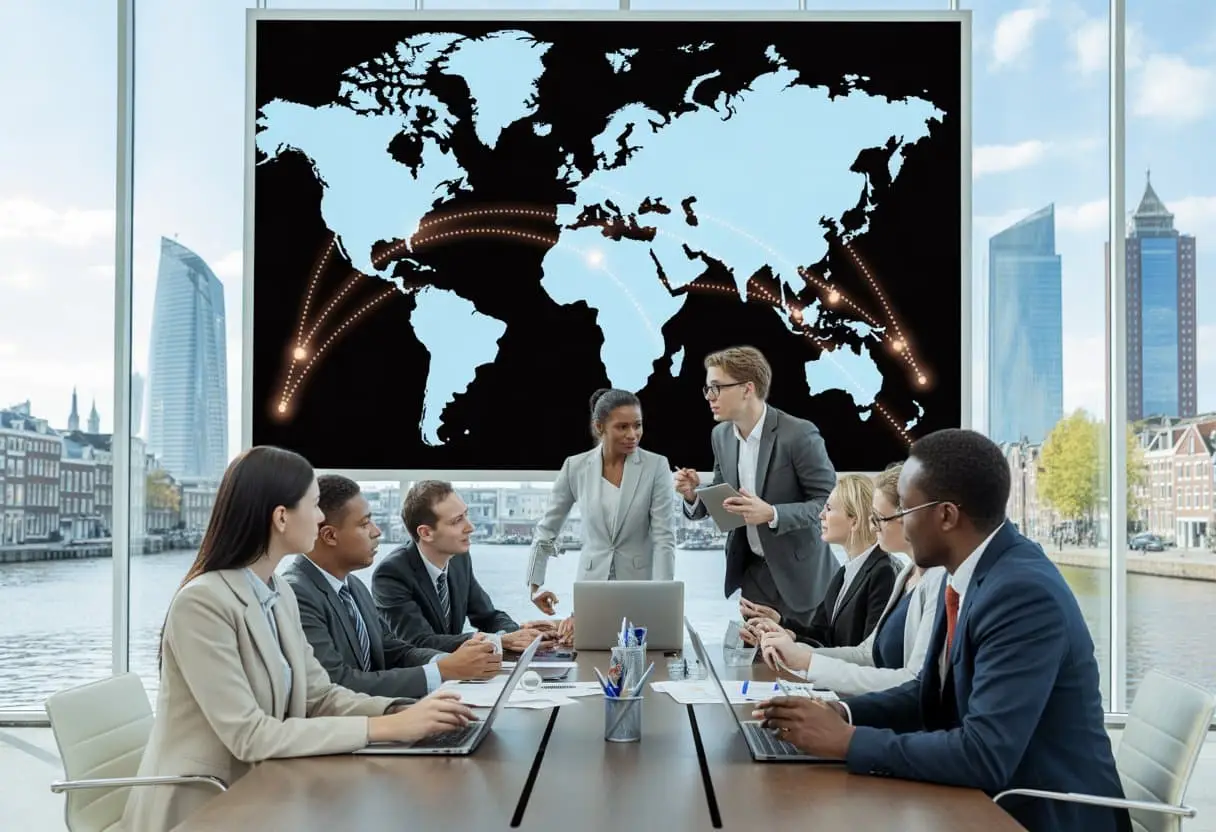 Een diverse groep zakelijke professionals bespreekt migratieroutes in een modern kantoor met uitzicht op een Nederlandse stad.
