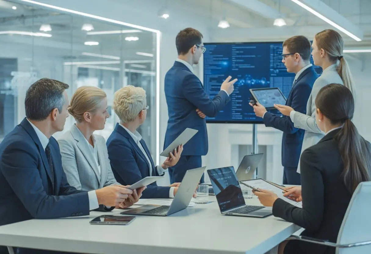 Twee groepen professionals in een modern kantoor bespreken verantwoordelijkheden, met zakelijke en IT-specialisten aan weerszijden van een tafel.