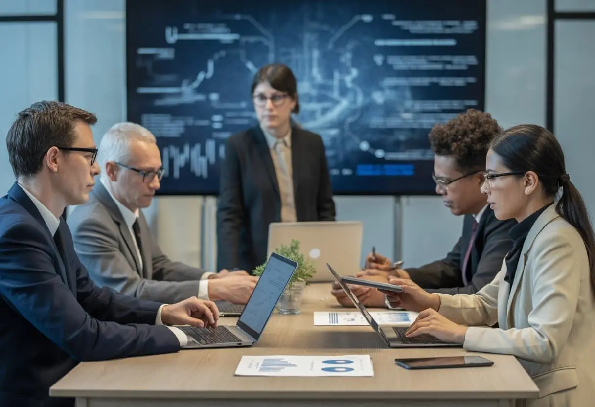 Een groep zakelijke professionals overlegt in een moderne kantoorruimte met laptops en digitale schermen die gegevens en beveiliging tonen.