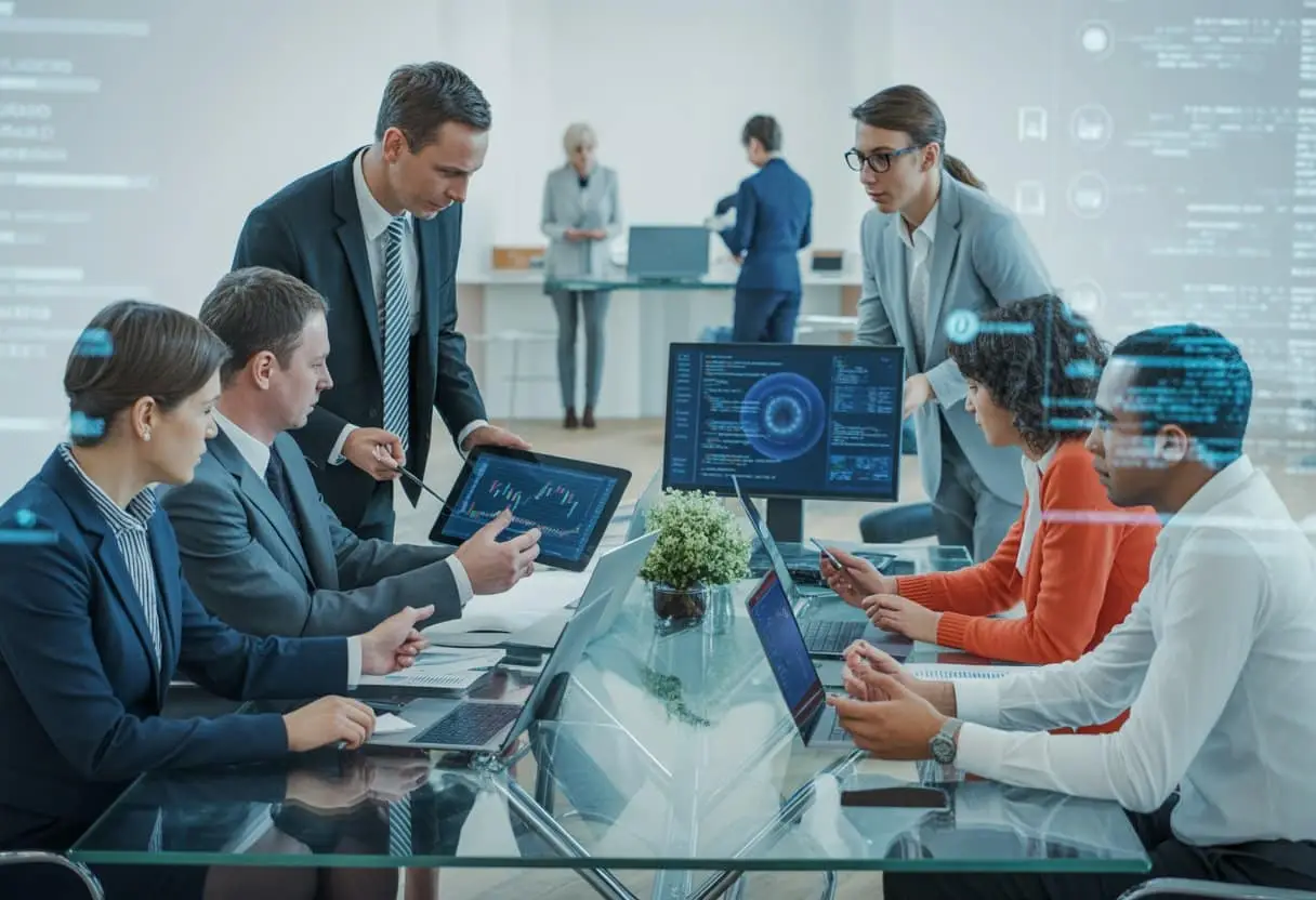 Twee groepen professionals, financieel en ICT, die samenwerken aan een tafel in een modern kantoor.